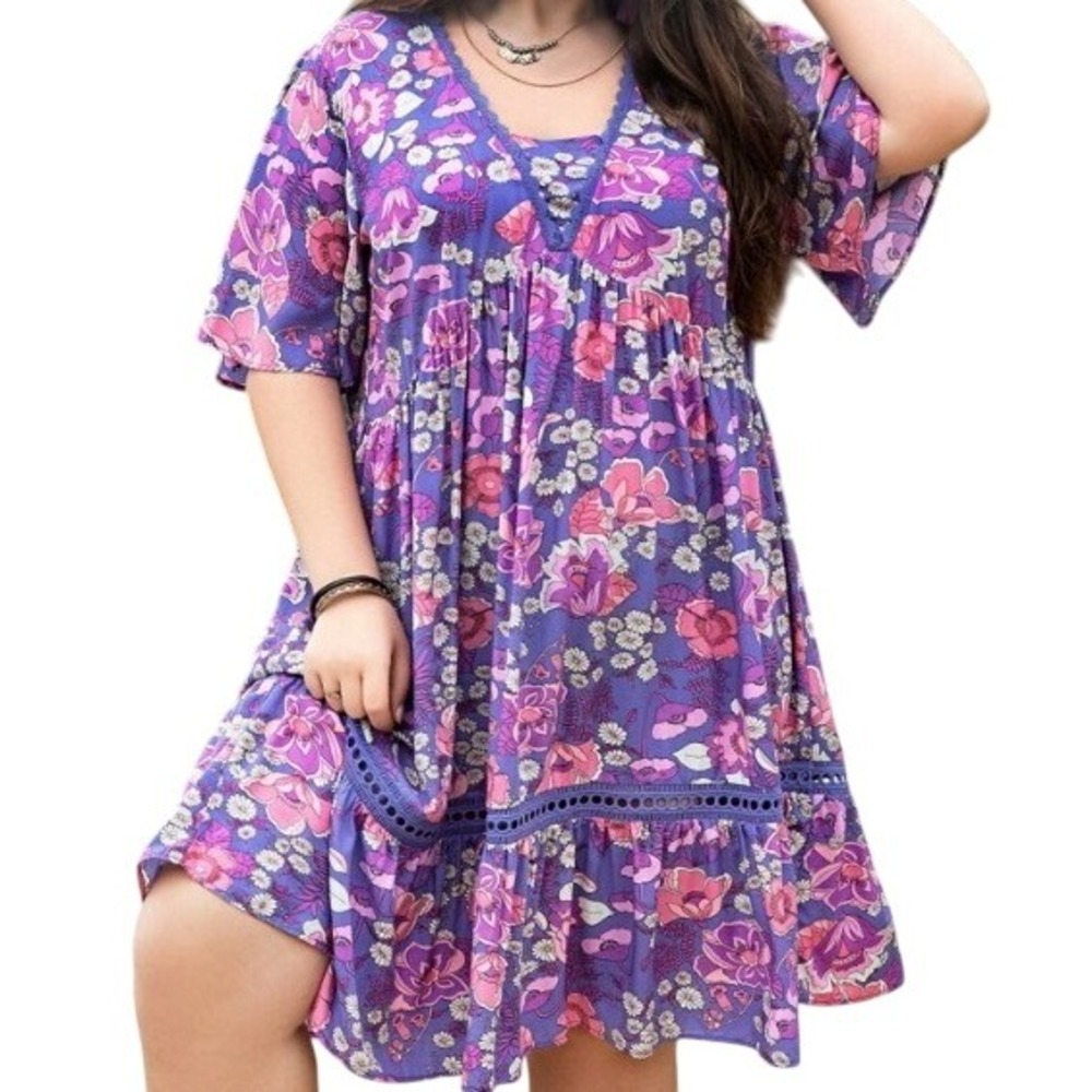RUSTTYDUSTTY 3XL Purple Pink Floral Print V Neck Mini Dress Babydoll Bohemian